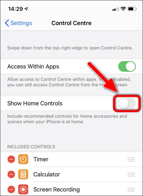 Disable Home Controls in Control Center iOS 14