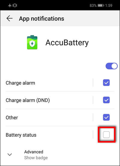 Disable battery status notification EMUI