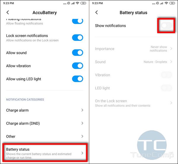 Disable battery status notification MIUI