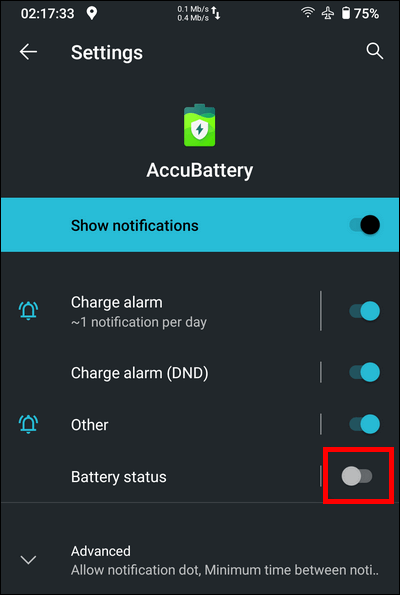 Disable battery status notification Stock Android 10