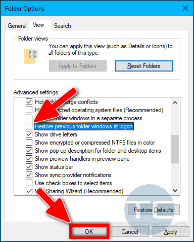disable restore previous folder windows at logon in Windows 10
