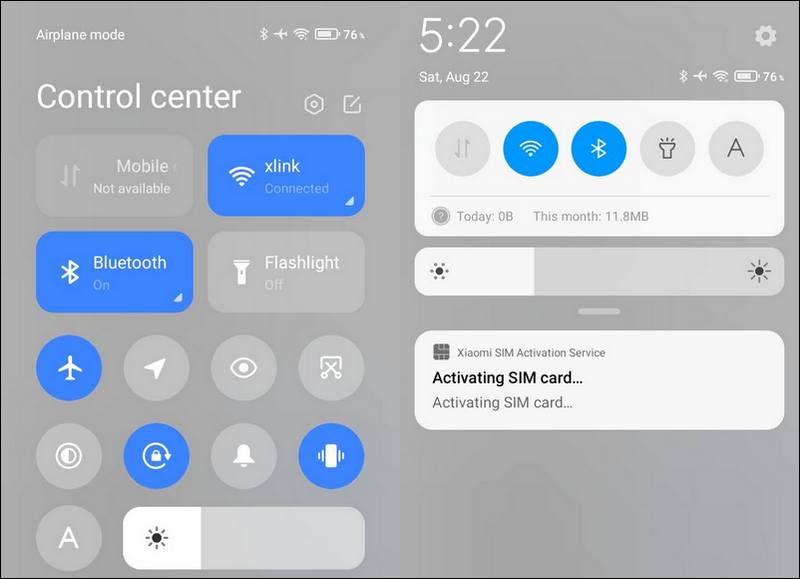 New Control Center vs old design of quick toggles on a Xiaomi phone with MIUI 12