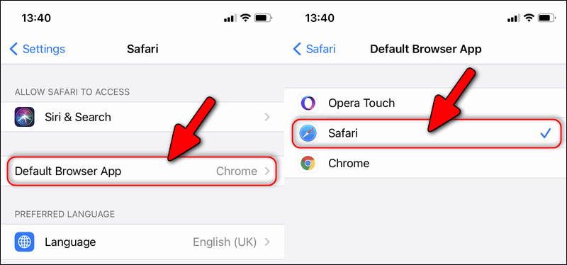 set Safari default browser iPhone