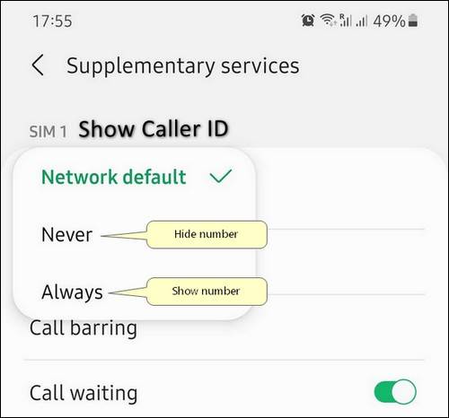 Show or Hide your number Caller ID One UI 3.1 Galaxy S21